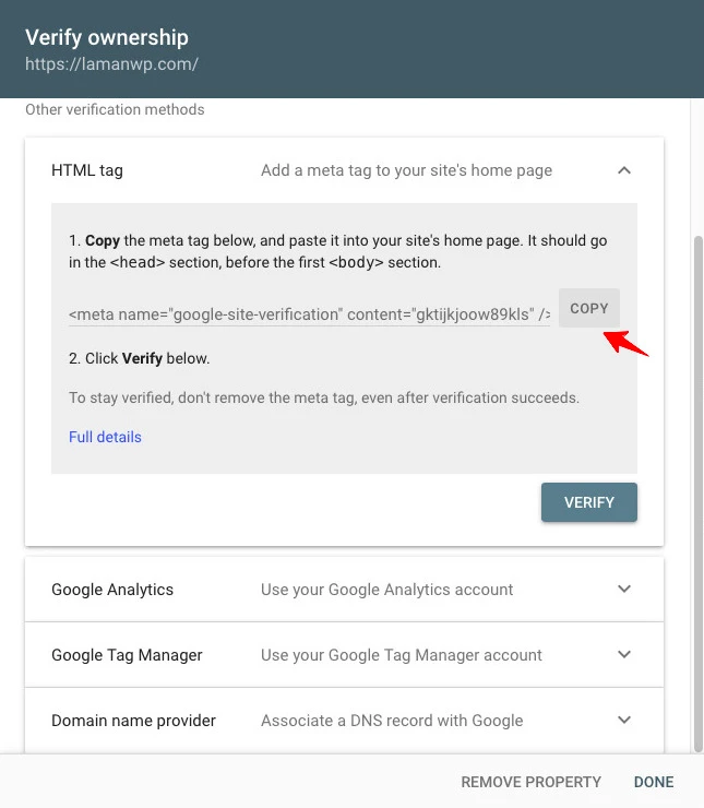 Dapatkan HTML tag di Google Search Console