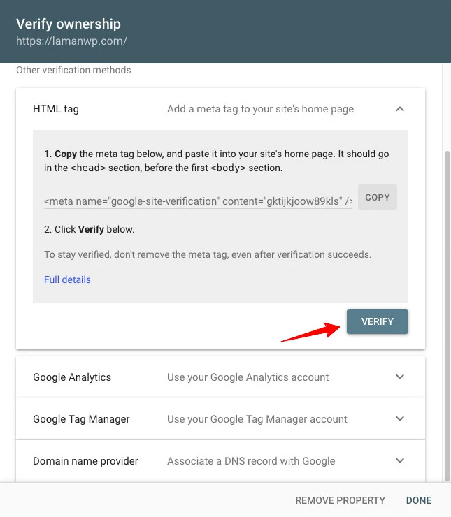 Verifikasi di Google Search Console