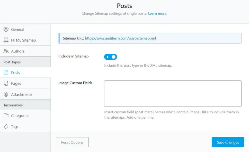 Tampilan Setting Sitemap di Rank Math SEO