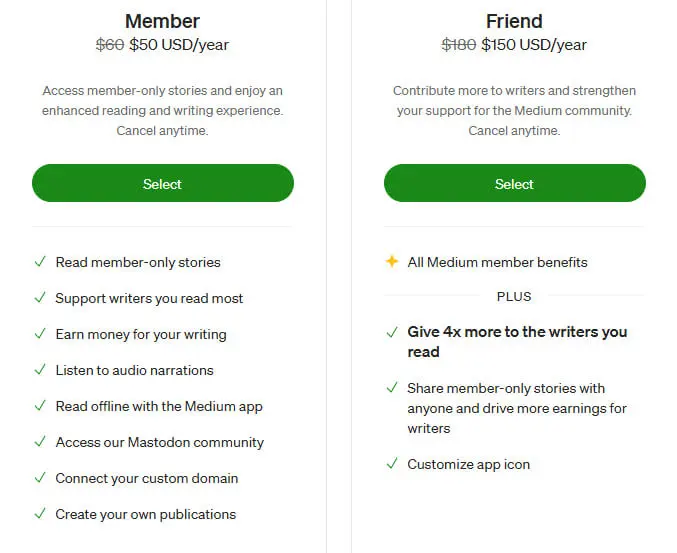 Tampilan halaman member Medium